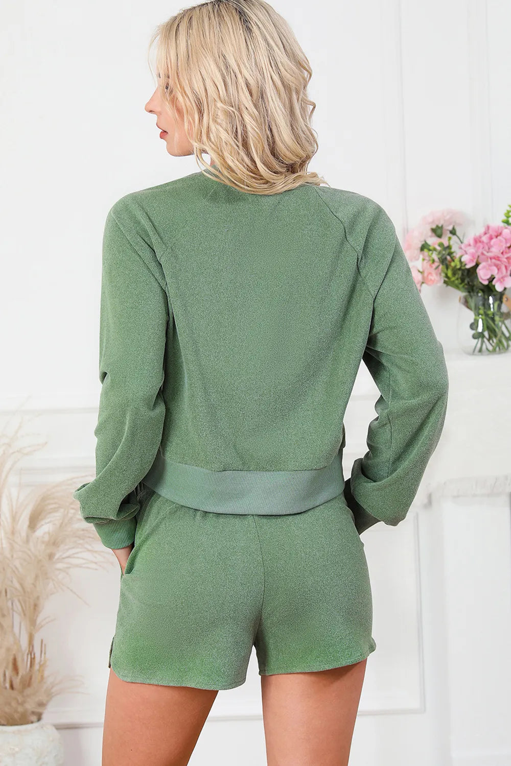 Round Neck Long Sleeve Top and Drawstring Shorts Lounge Set - Fashorio