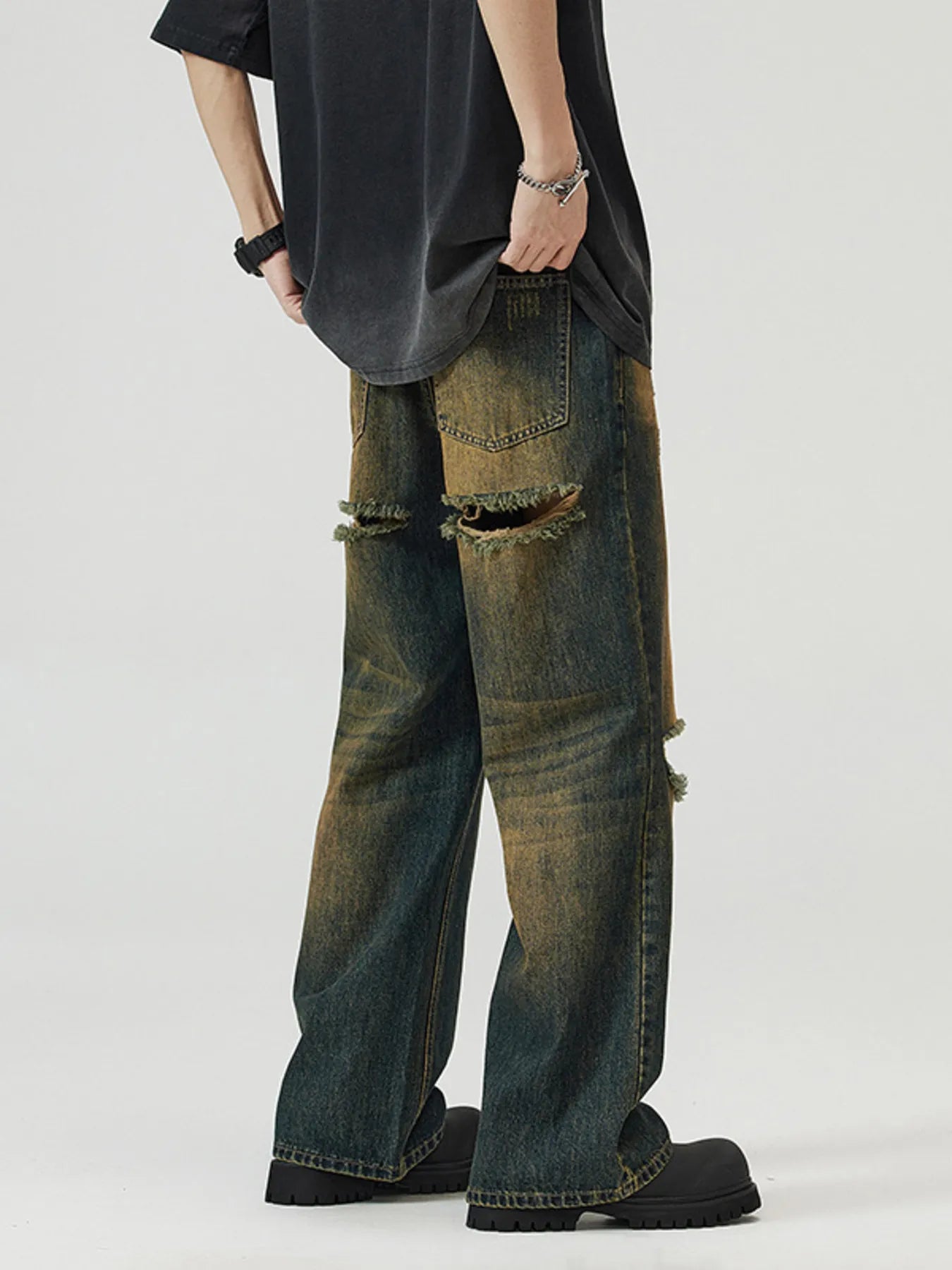 Men's Full Size Washed Distressed Wide Leg Jeans Plus Size - Fashorio