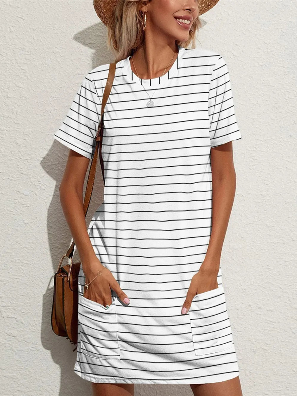 Striped Round Neck Pocket Dress – Casual Short Sleeve Look White - Fashorio