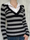Contrast Collar Striped Long Sleeve Knit Top Black - Fashorio