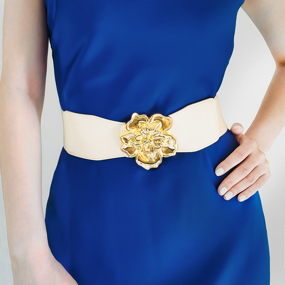 Flower Alloy Buckle Elastic Belt Ivory One Size - Fashorio