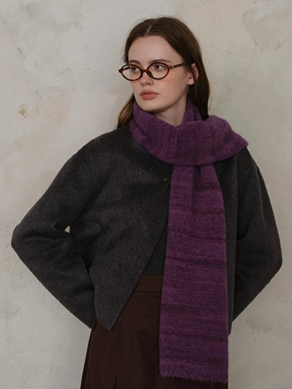 Striped Detail Knit Scarf Deep Purple One Size - Fashorio