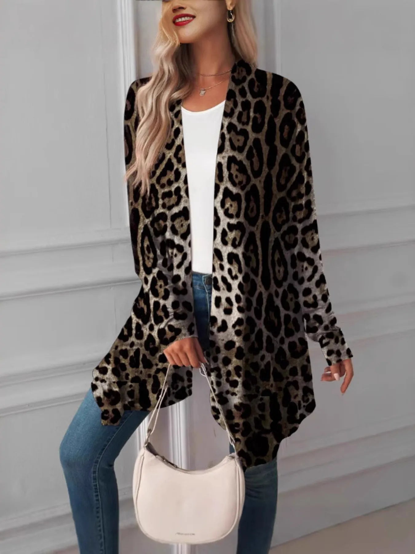 Leopard Print Long Open Front Cardigan - Fashorio