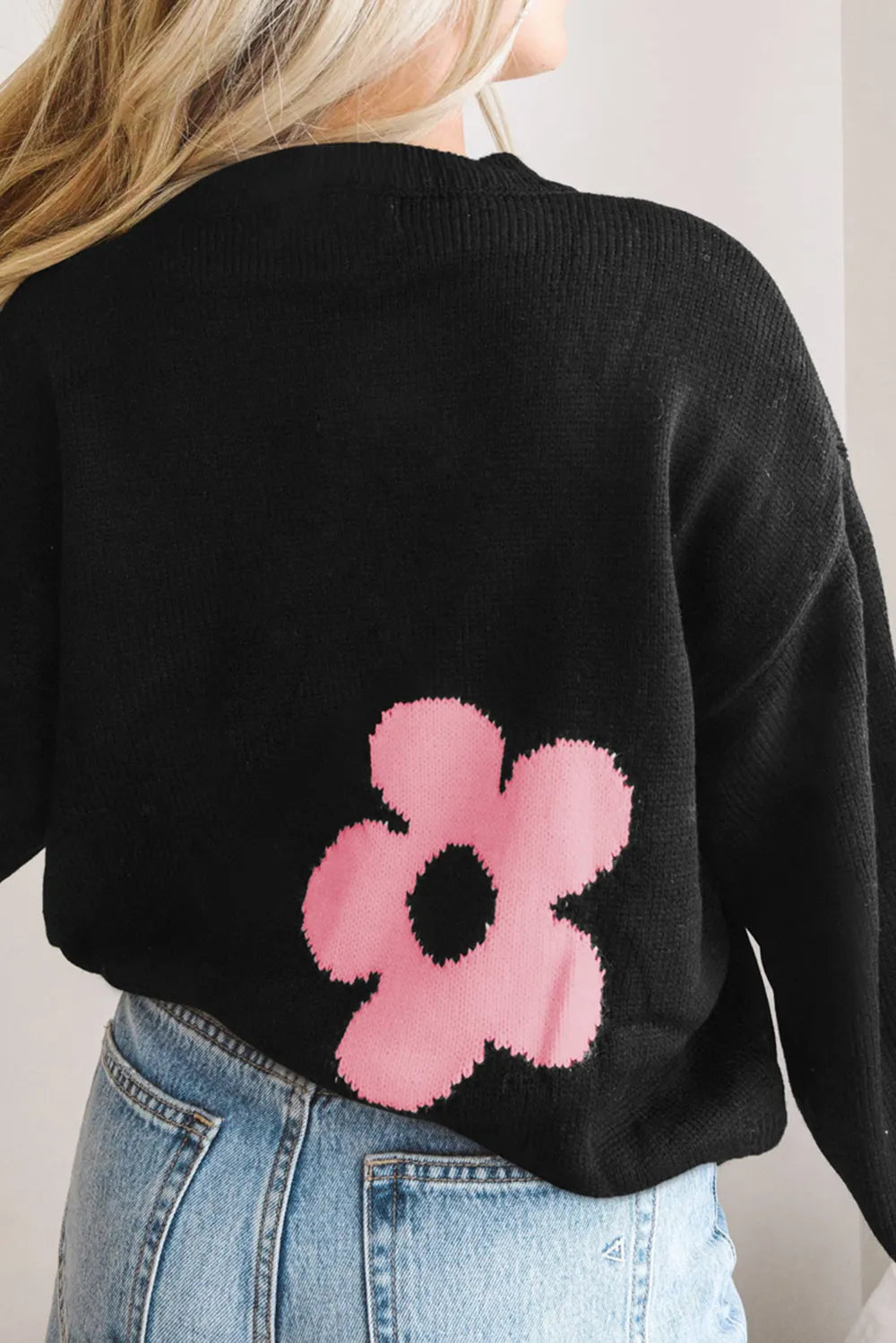 Round Neck Floral Pattern Color Contrast Design Long Sleeve Sweater - Fashorio