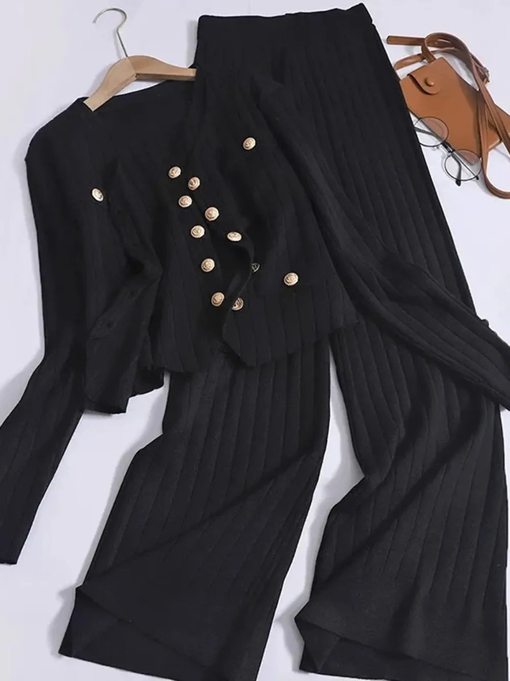V-Neck Tank, Cardigan and Pants Three-Piece Sweater Set - Fashorio