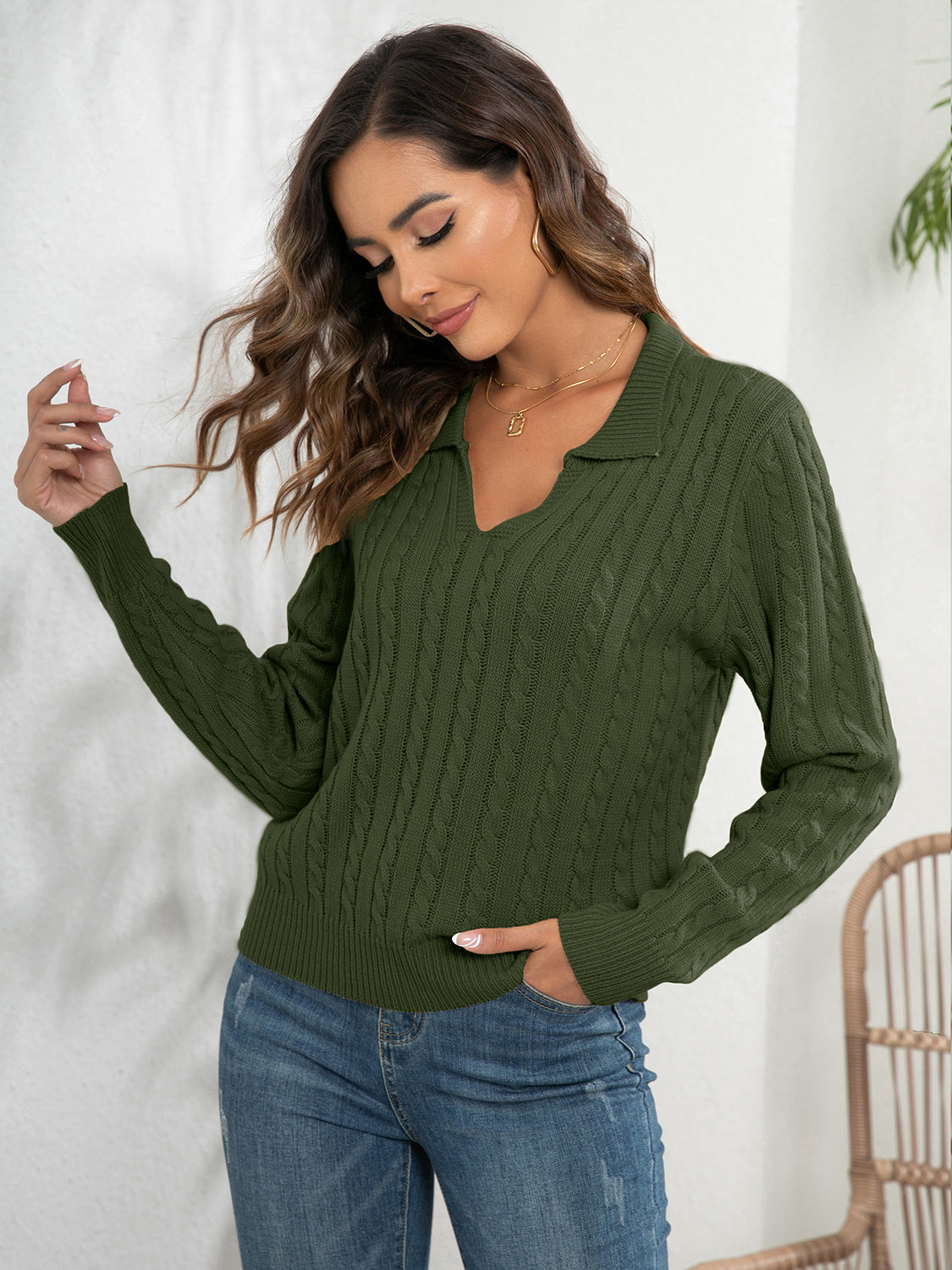 Johnny Collar Cable-Knit Long Sleeve Sweater - Fashorio