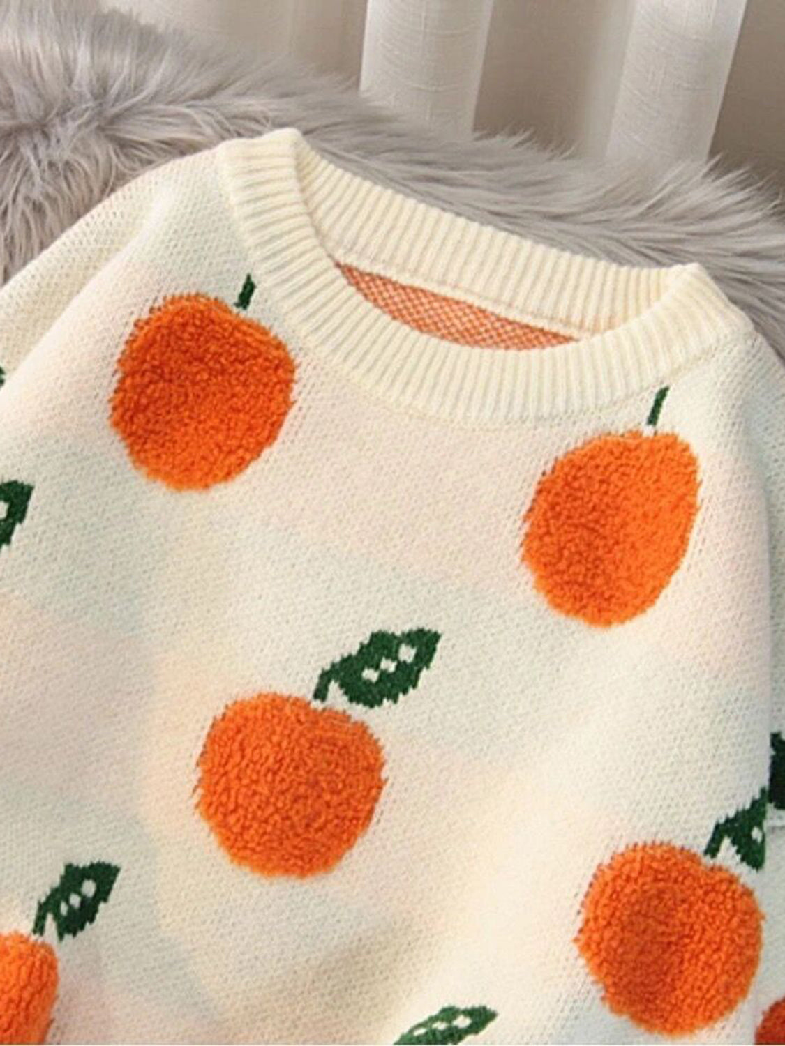 Printed Round Neck Drop Shoulder Sweater - Fashorio