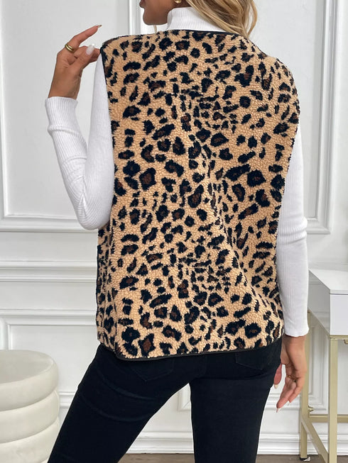 Leopard Fleece Vest Coat with Pockets - Fashorio