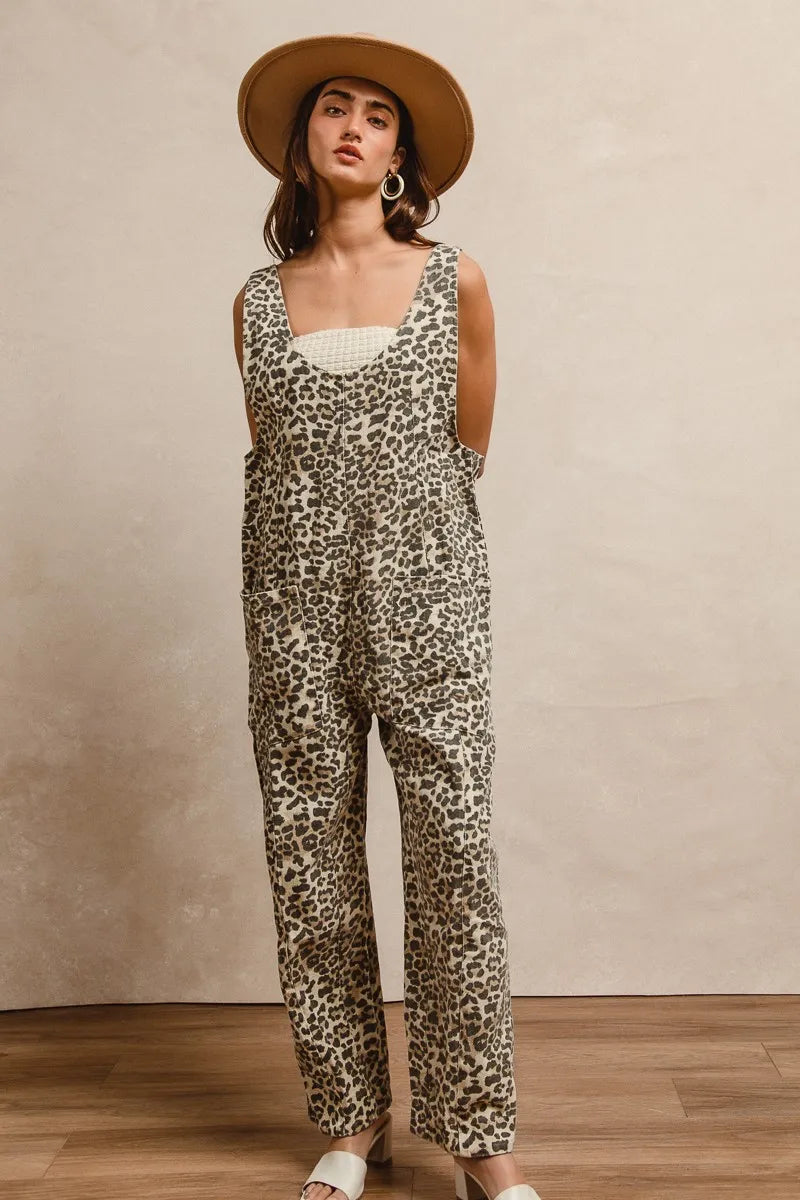 BiBi Leopard Print Adjustable Strap U Neck Jumpsuit - Fashorio