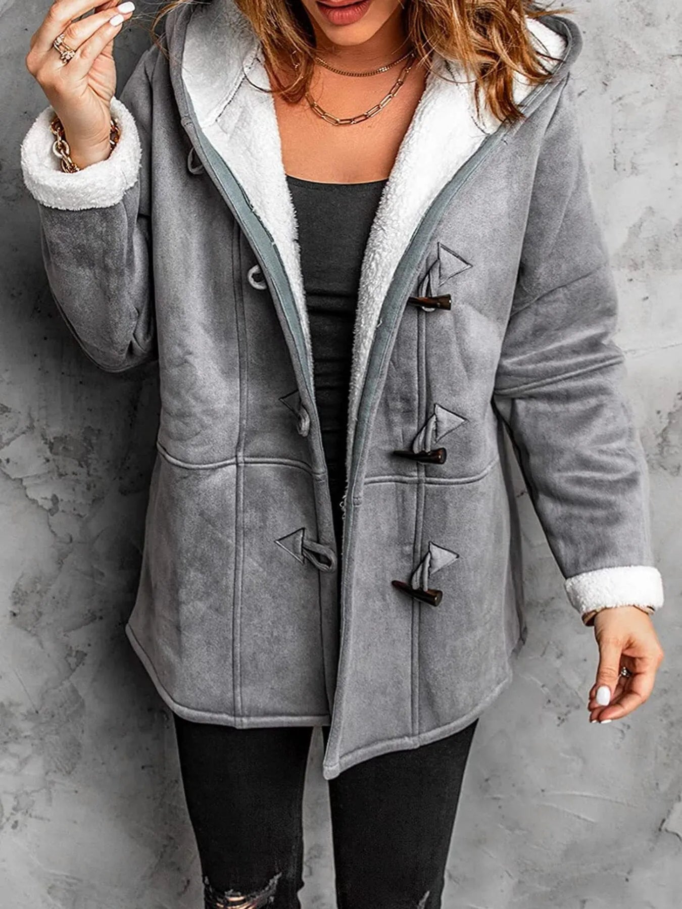 Full Size Cozy Sherpa Lined Toggle Coat with Hood Plus Size Grey - Fashorio