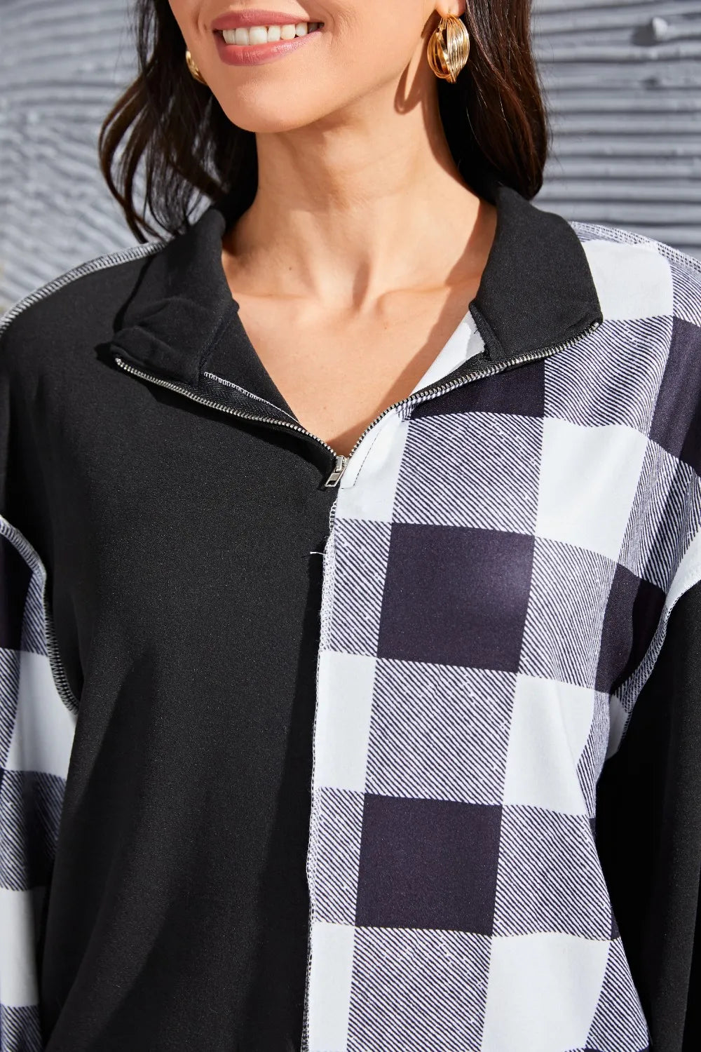 Plaid Exposed Seam Long Sleeve Blouse - Fashorio