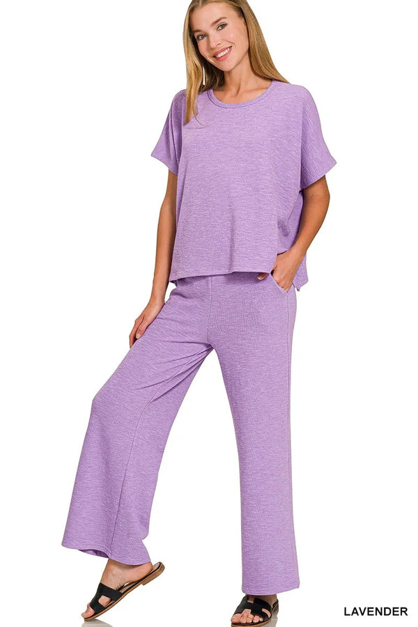 Zenana Cotton Slub Top & Pants Set LAVENDER - Fashorio