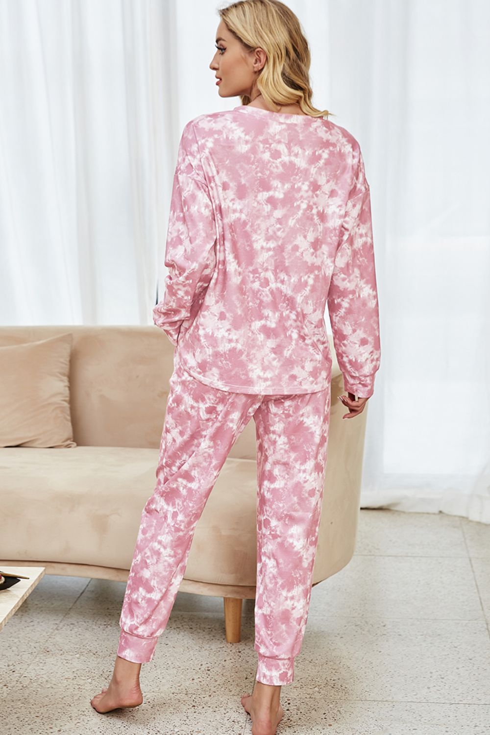 Shiny Tie-Dye Long Sleeve Top and Drawstring Joggers Lounge Set - Fashorio