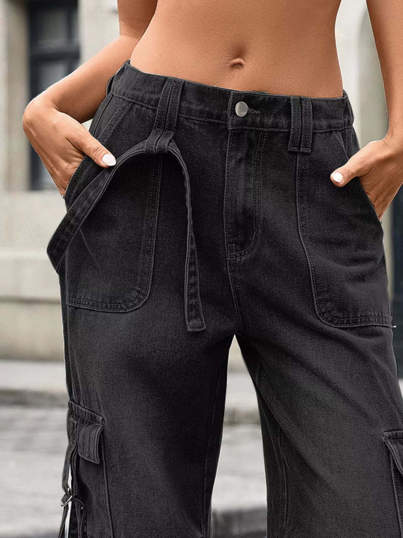Wide Leg Cargo Jeans – Relaxed Fit Washed Utility Denim - Fashorio