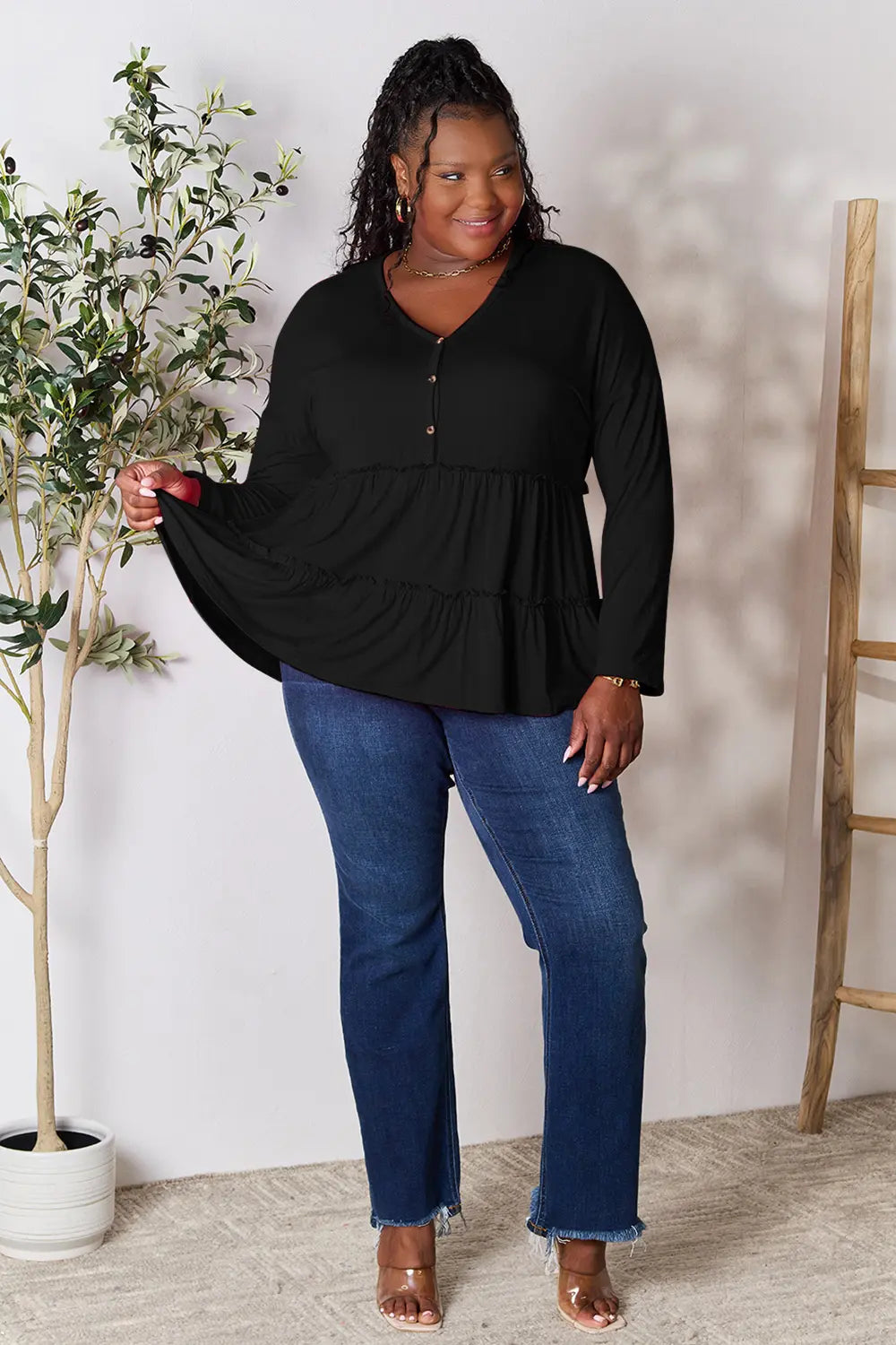 Double Take Half Button Long Sleeve Ruffle Hem Blouse - Fashorio