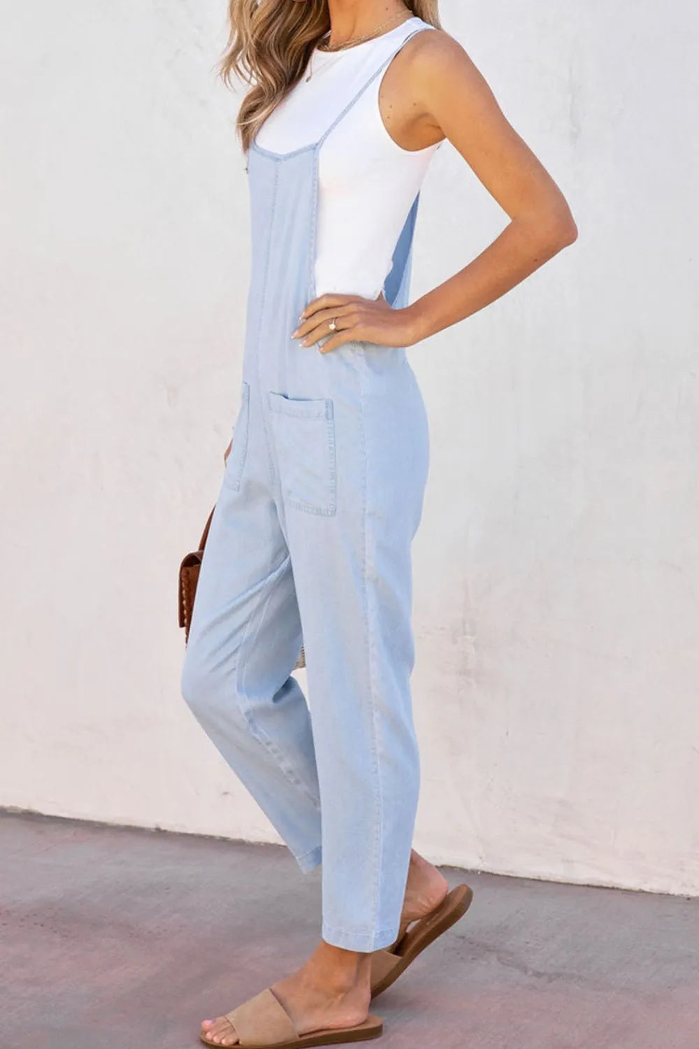 Spaghetti Strap Denim Overalls with Pockets - Fashorio