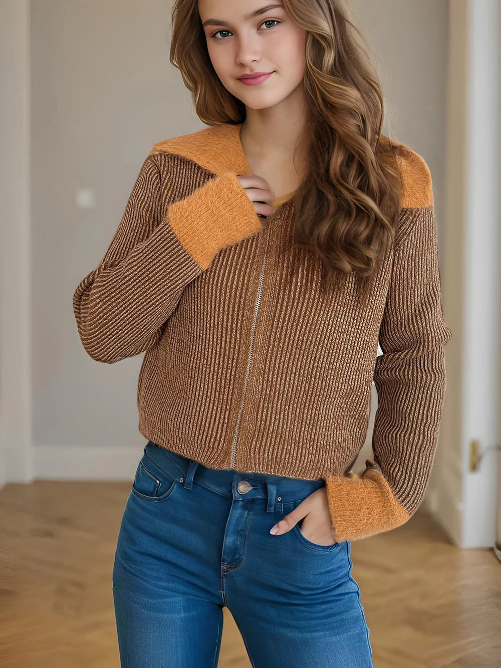 Zip Up Collared Neck Long Sleeve Cardigan - Fashorio