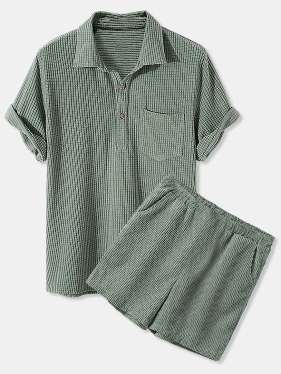 Men's Full Size Button Detail Short Sleeve Top and Shorts Set Plus Size Green - Fashorio