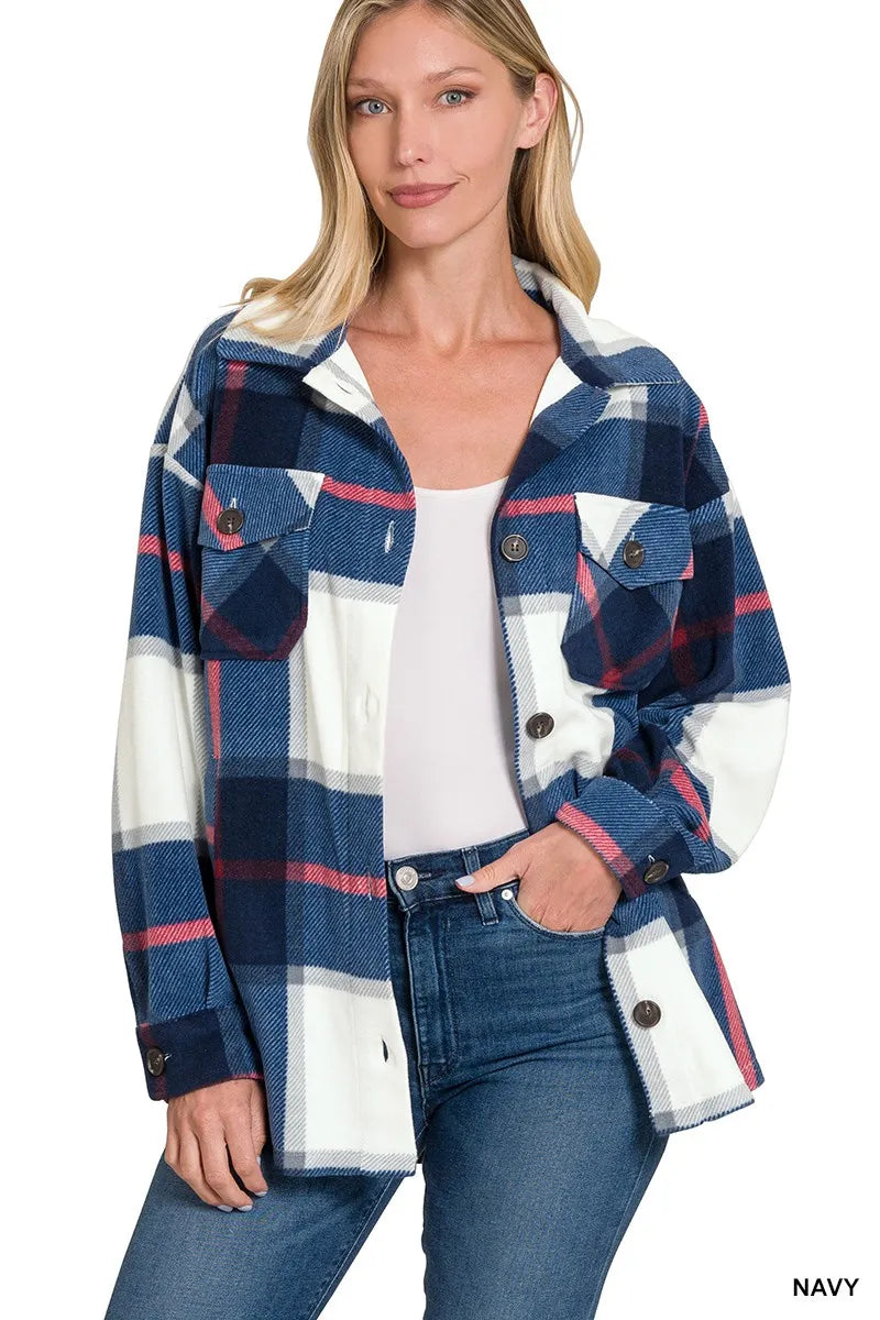 Oversized Plaid Fleece Shacket with Chest Pockets - Fashorio