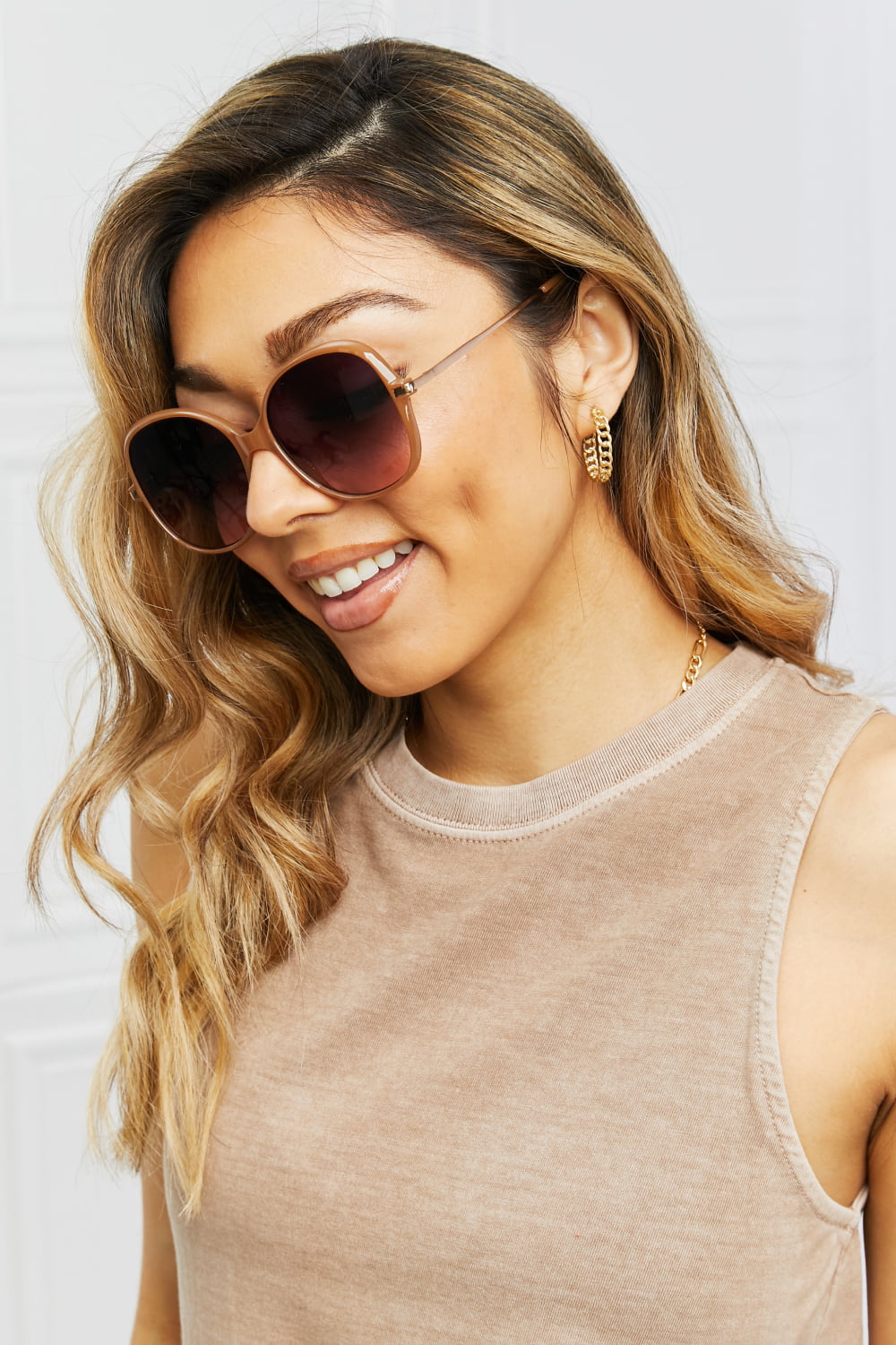 Metal-Plastic Hybrid Full Rim Sunglasses Caramel One Size - Fashorio