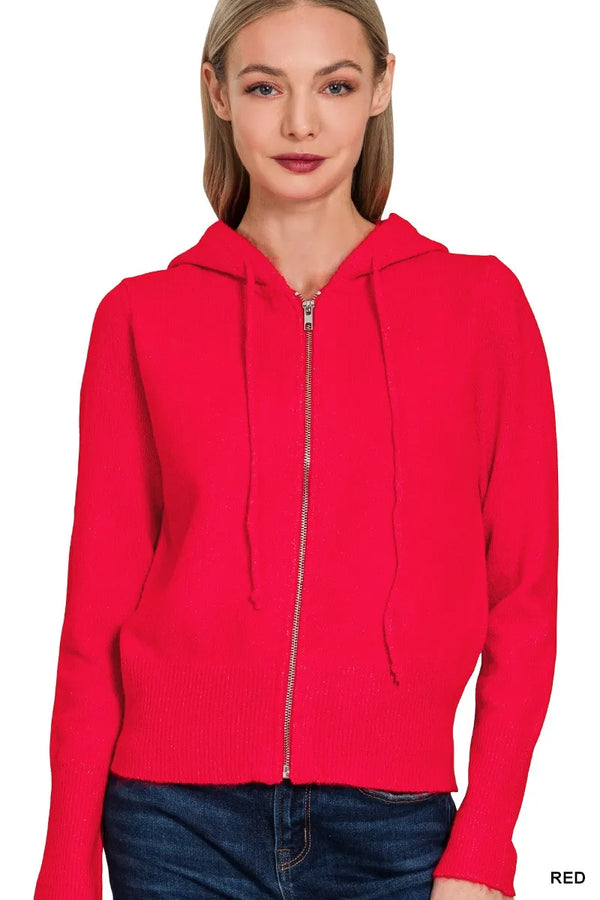Zenana Drawstring Zip Up Hooded Cardigan RED - Fashorio