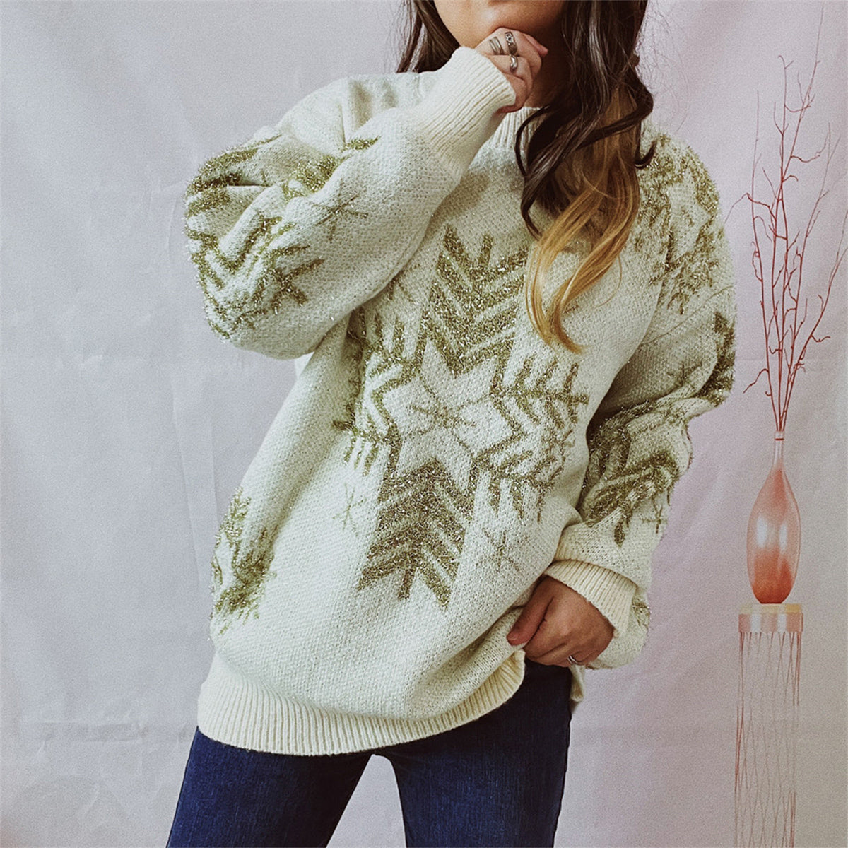 Snowflake Pattern Long Sleeve Sweater - Fashorio