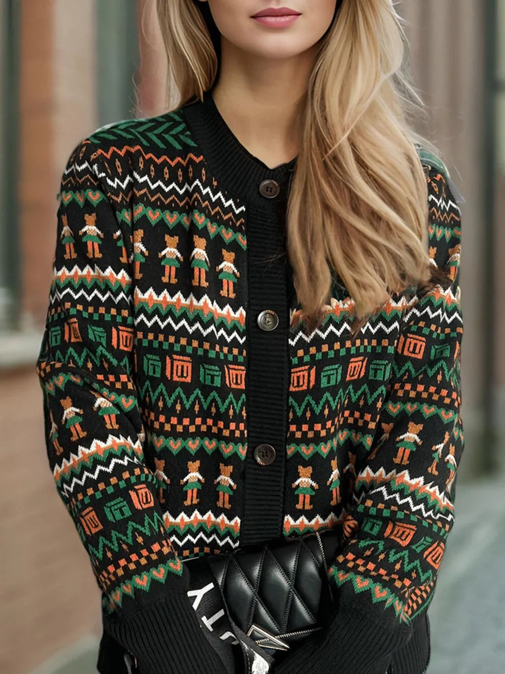 Graphic Button Down Long Sleeve Cardigan - Fashorio