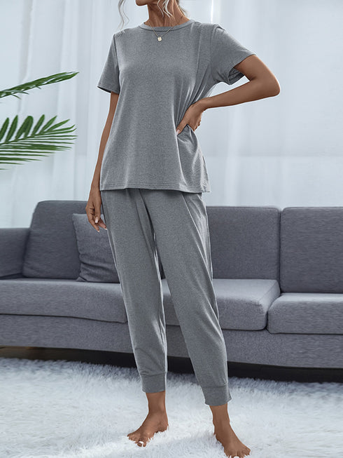Shiny Round Neck Short Sleeve Top and Pants Set - Fashorio