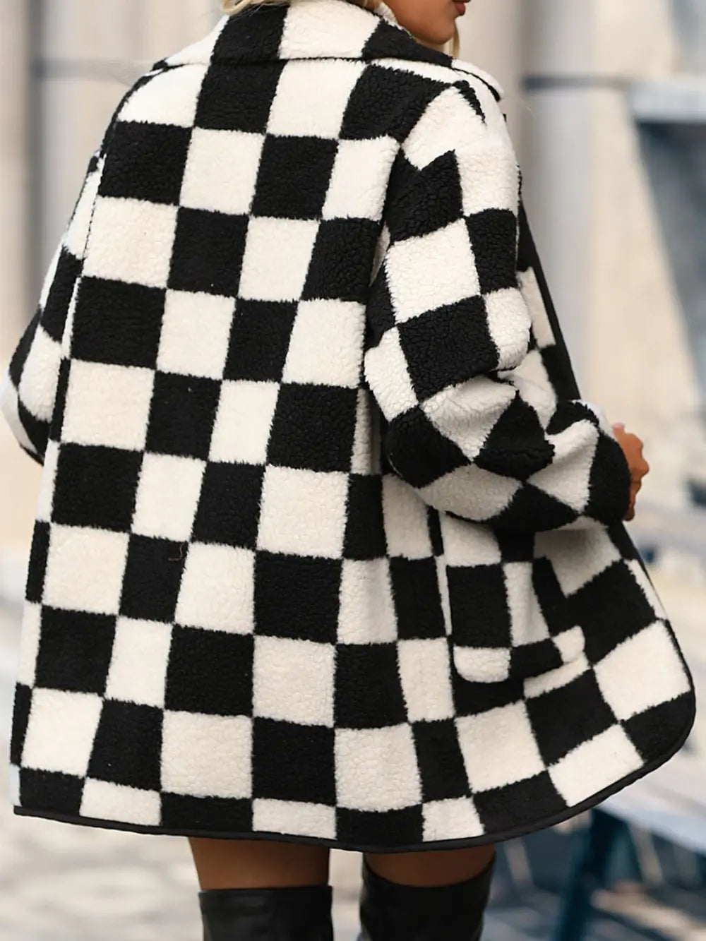 Double Take Full Size Checkered Button Front Coat with Pockets - Fashorio
