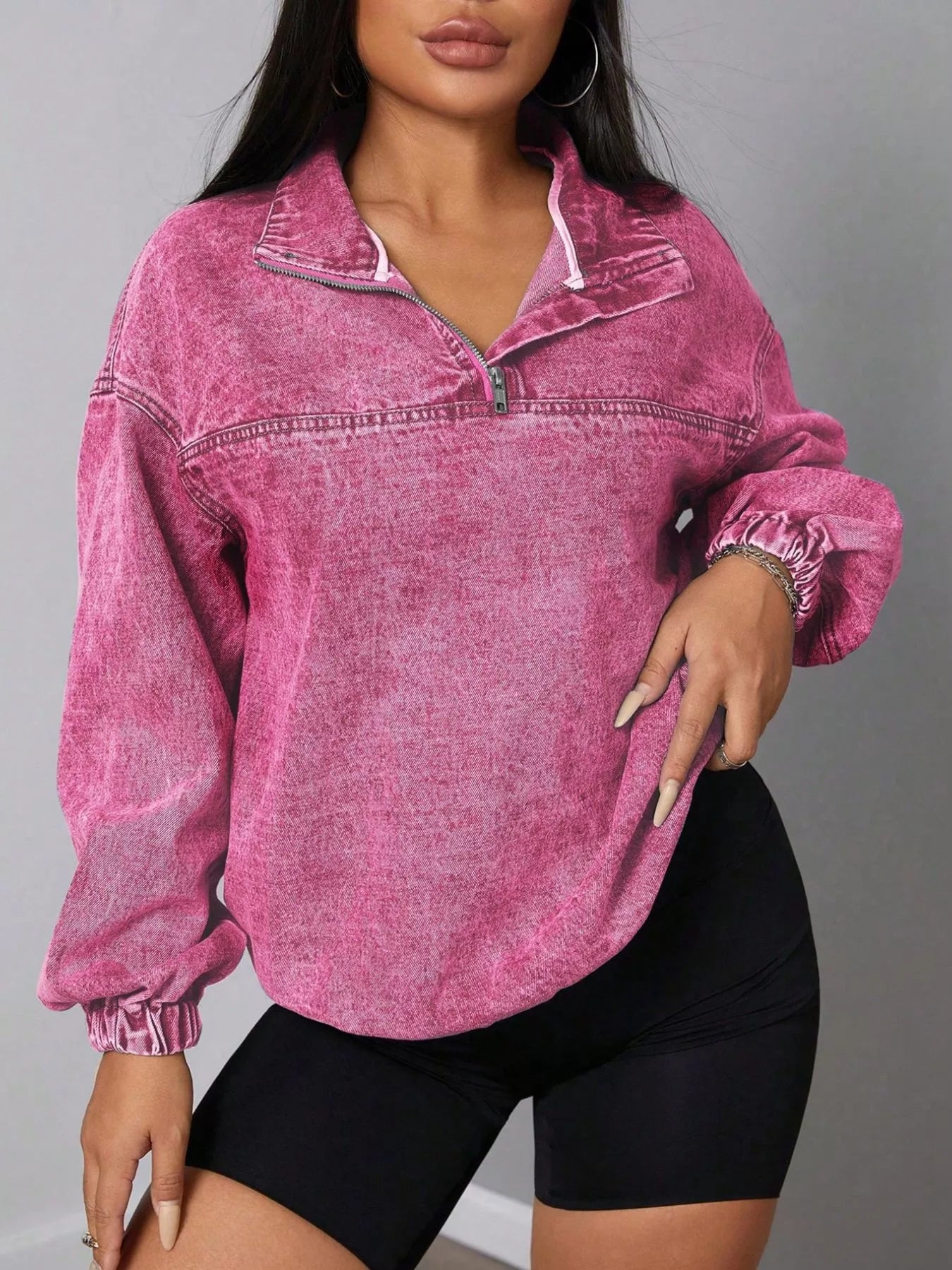 Zip Collar Long Sleeve Denim Top - Fashorio
