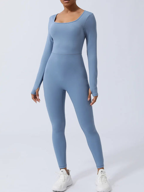Twisted Backless Long Sleeve Jumpsuit Light Blue - Fashorio