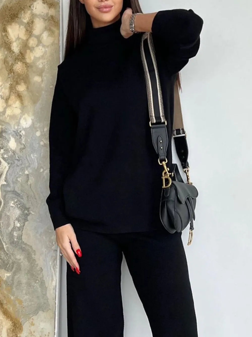 Turtleneck Long Sleeve Top and Drawstring Pants Sweater Set Black One Size - Fashorio