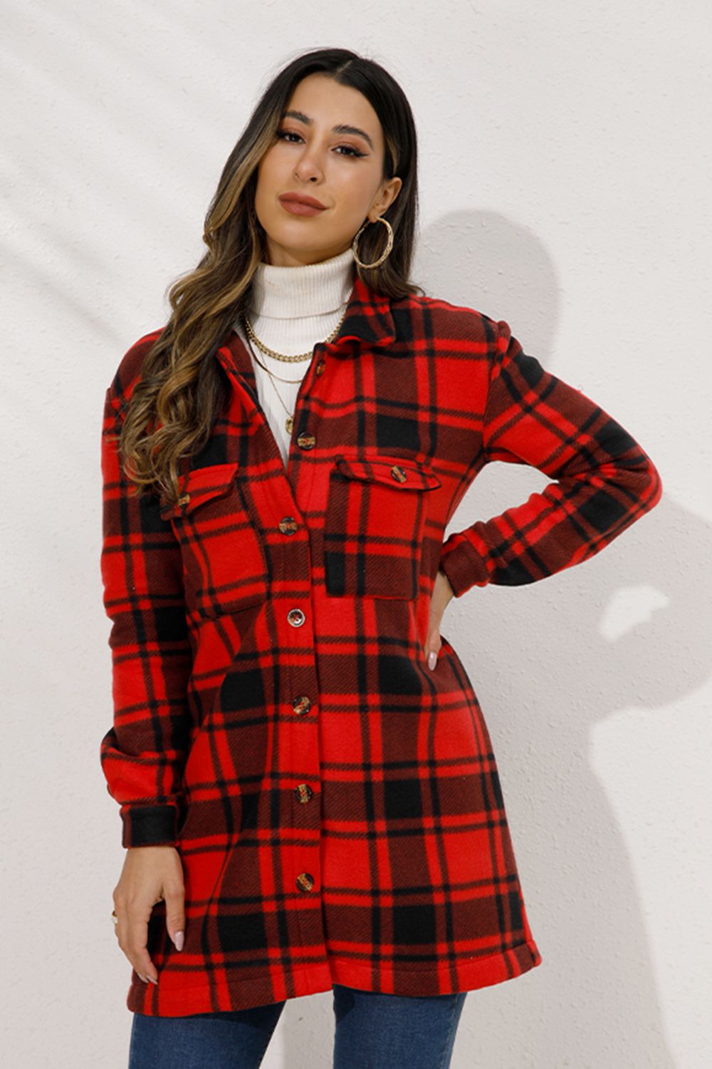 Shiny Plaid Collared Longline Coat - Fashorio