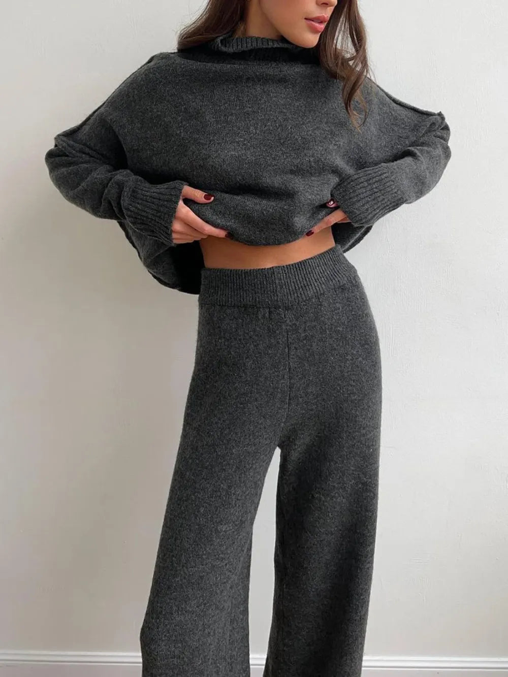 Slit Turtleneck Long Sleeve Top and Pants Sweater Set Dark Gray One Size - Fashorio