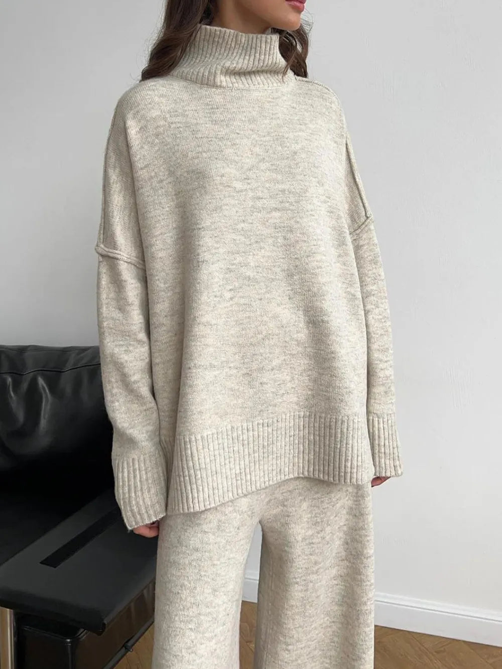 Slit Turtleneck Long Sleeve Top and Pants Sweater Set Beige One Size - Fashorio