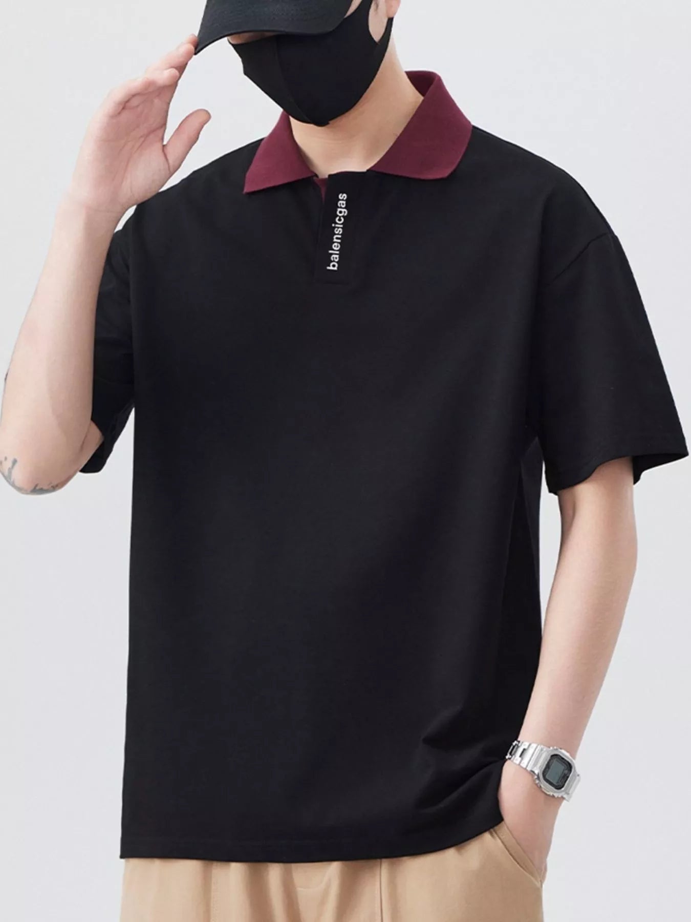 Men's Plus Size Contrast Collar Short Sleeve Polo Black - Fashorio