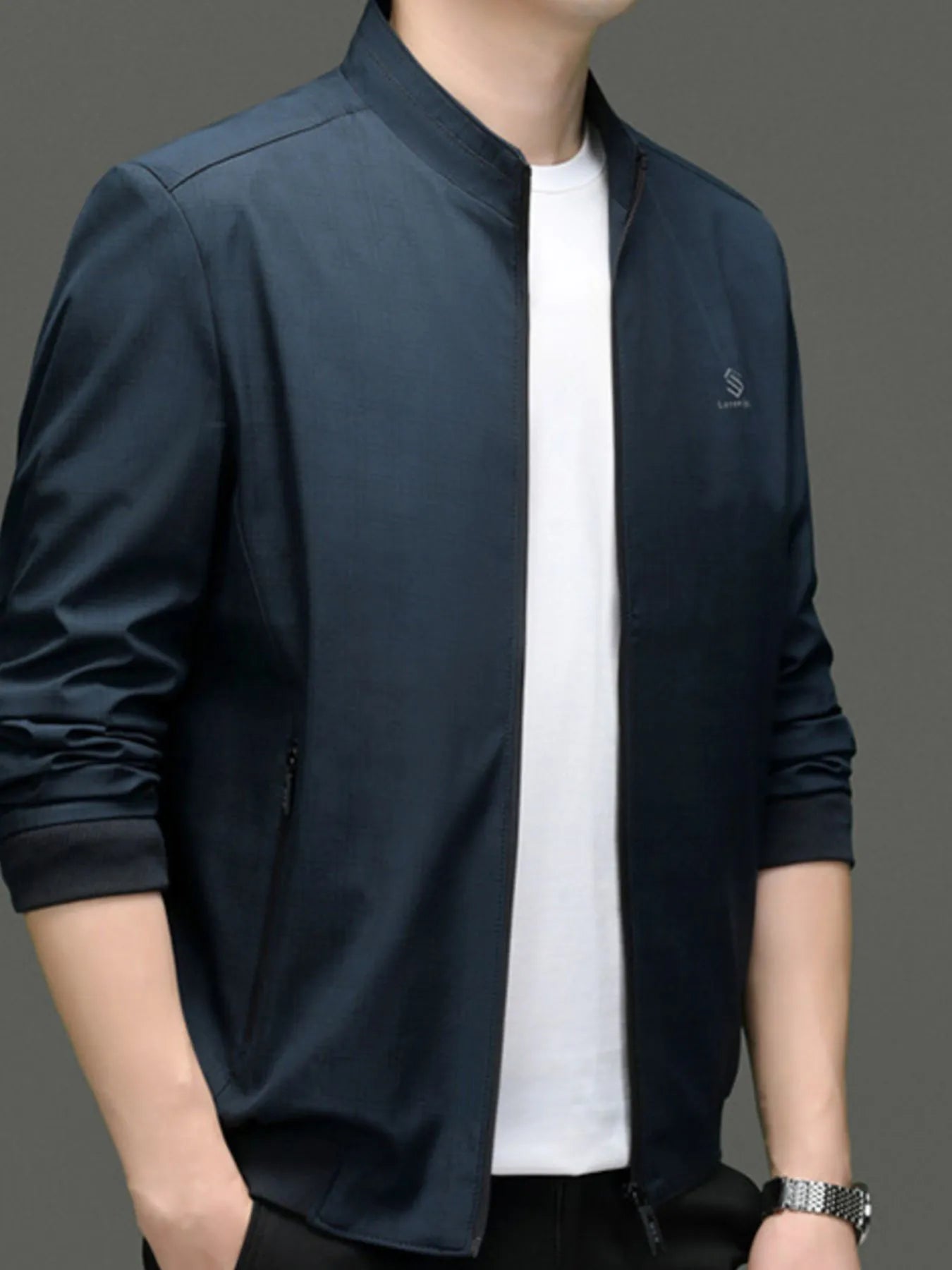 Men's Plus Size Zip Up Slim Fit Jacket Blue - Fashorio