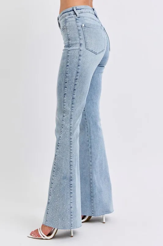 Judy Blue Full Size Mid Rise Rhinestone Side Panel Detail Flare Jeans Plus Size - Fashorio