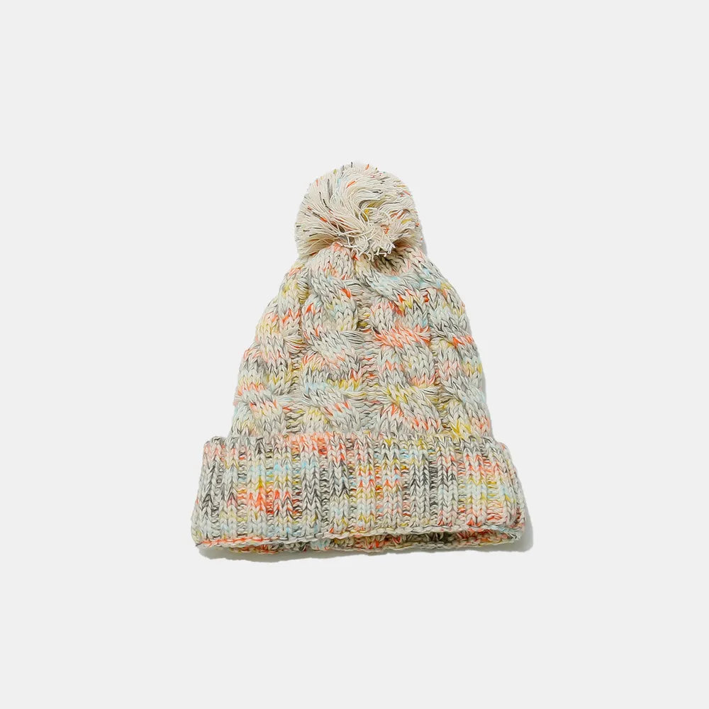 Contrast Cable-Knit Hat with Pompom Beige One Size - Fashorio