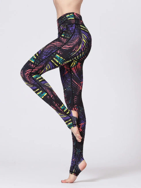Printed Wide Waistband Active Leggings with Stirrups - Fashorio