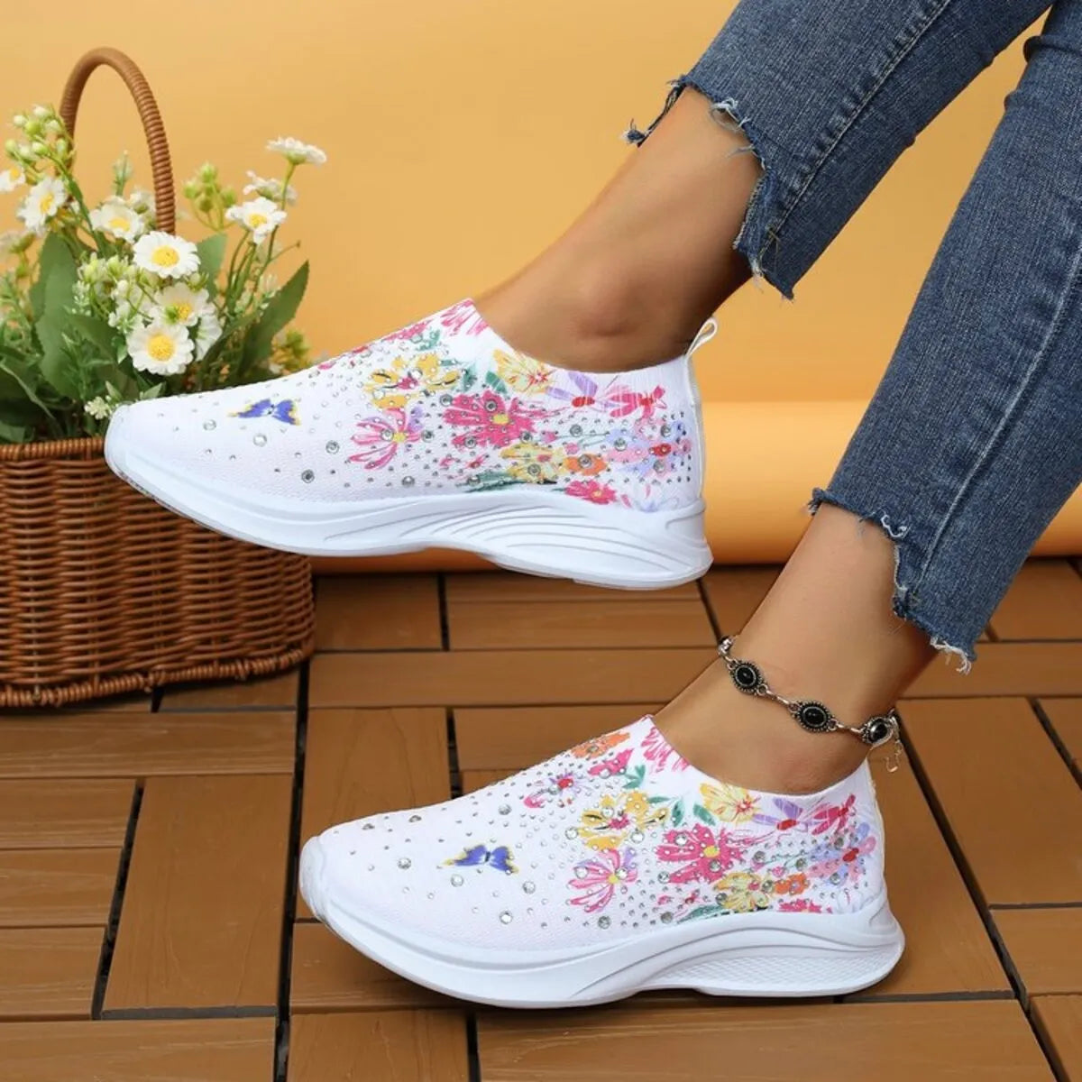 Rhinestone Floral Print Sneakers - Fashorio