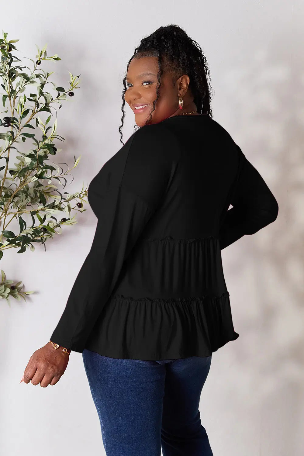 Double Take Half Button Long Sleeve Ruffle Hem Blouse - Fashorio