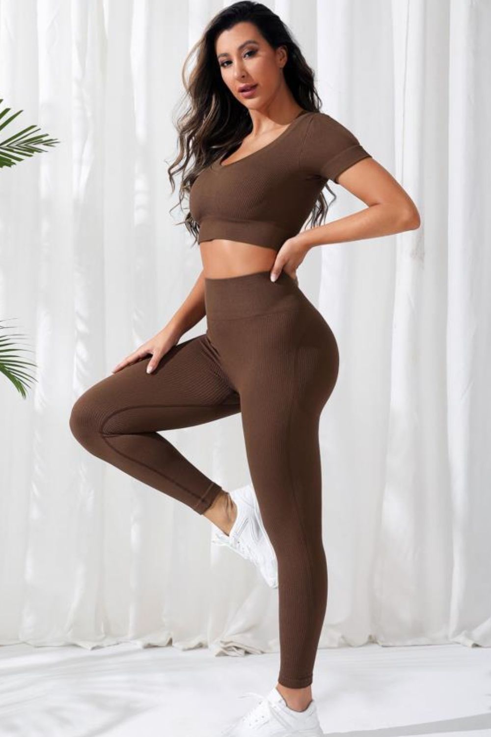 V-Neck Crop Top and High Waistband Long Active Pants - Fashorio