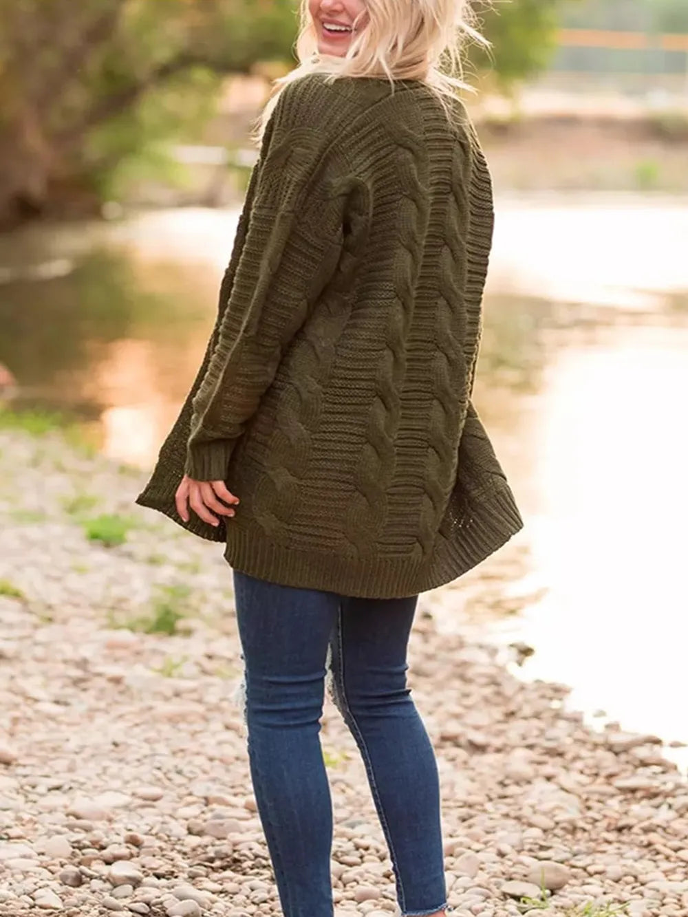 Cable-Knit Open Front Long Sleeve Cardigan - Fashorio