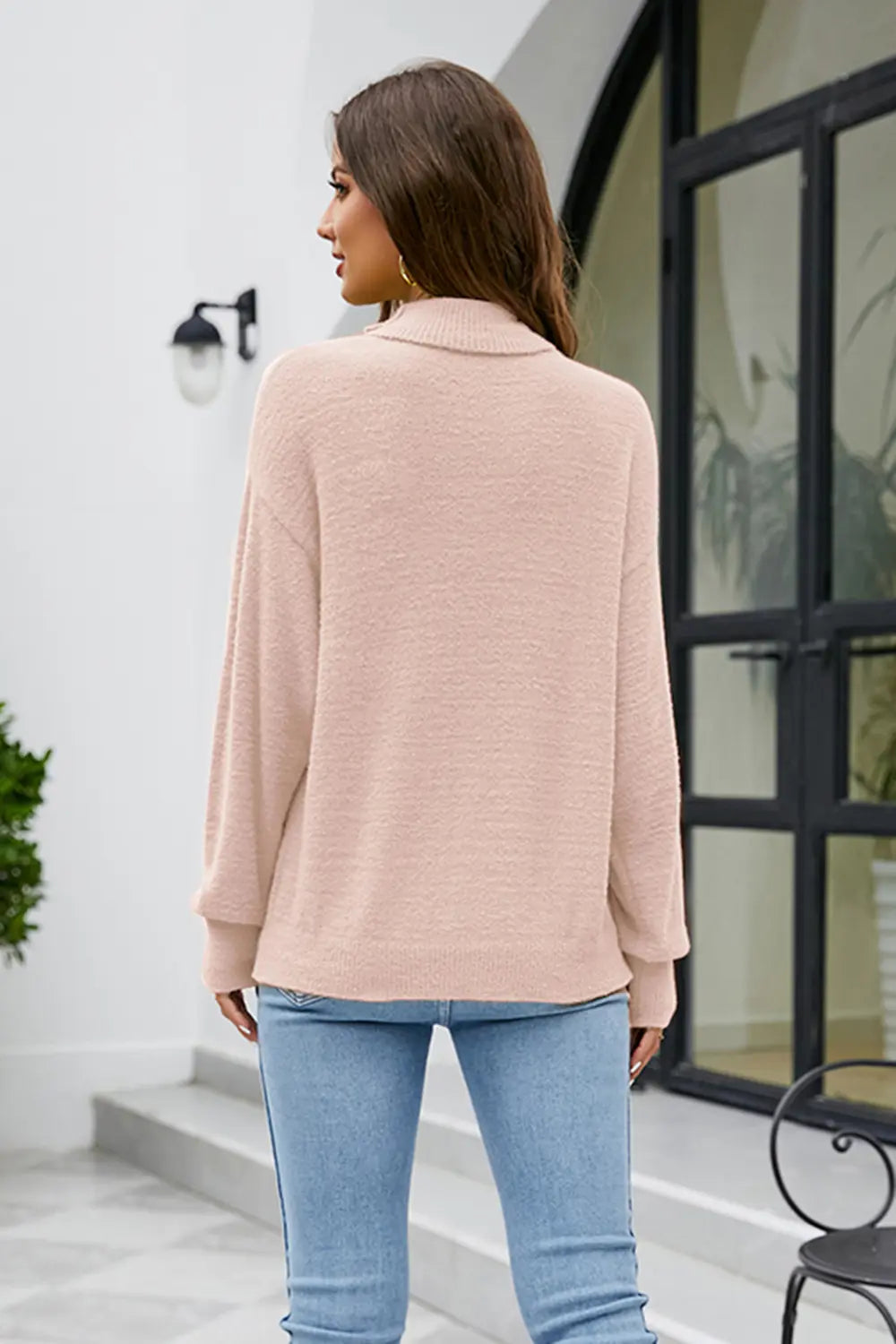 Mock Neck Dropped Shoulder Long Sleeve Sweater - Fashorio
