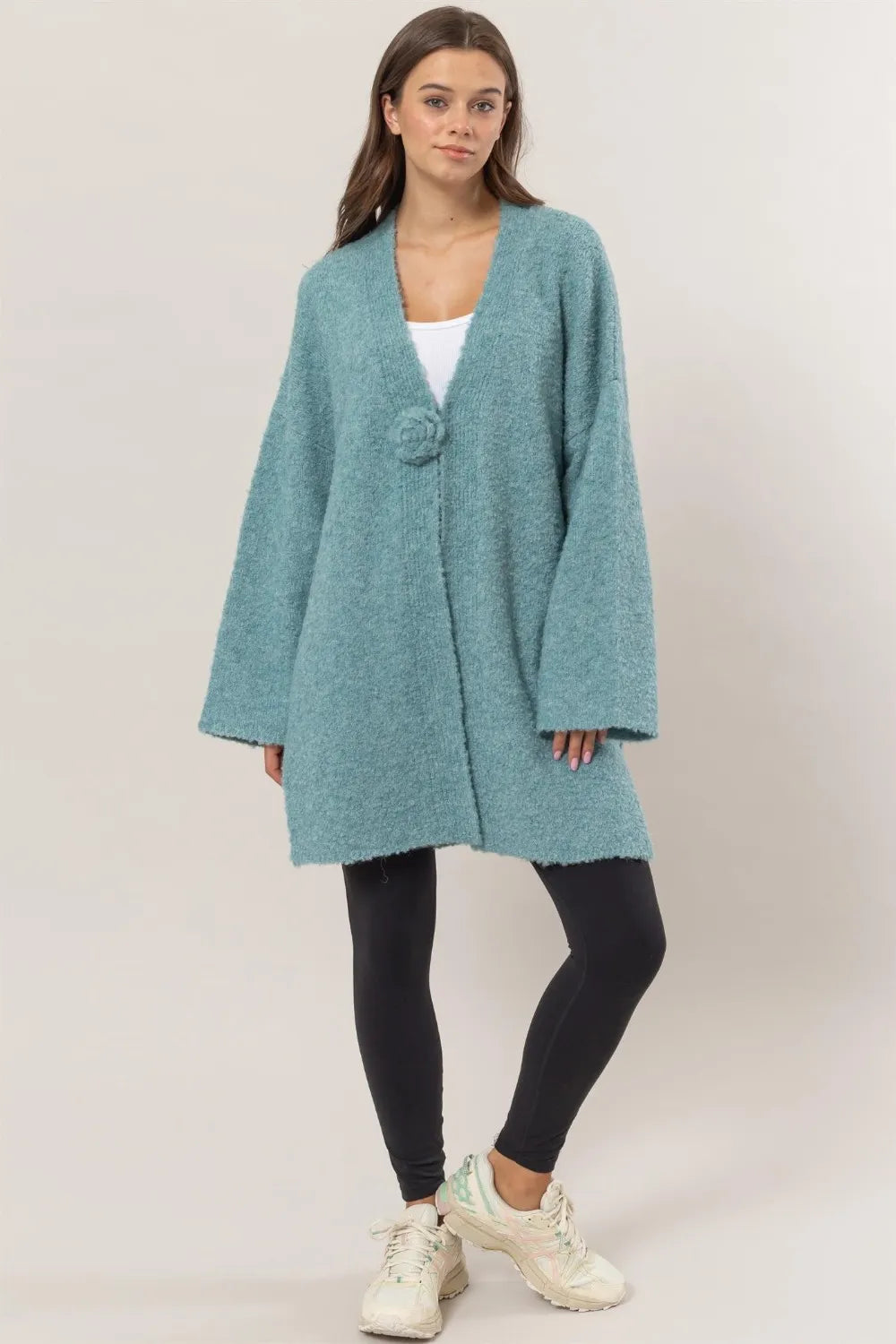 HYFVE Front Rosette Longline Slit Sweater Cardigan - Fashorio