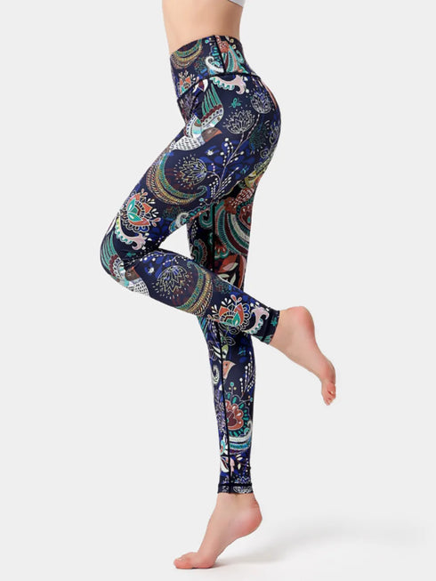 Printed High Waist Active Leggings Peacock Blue - Fashorio
