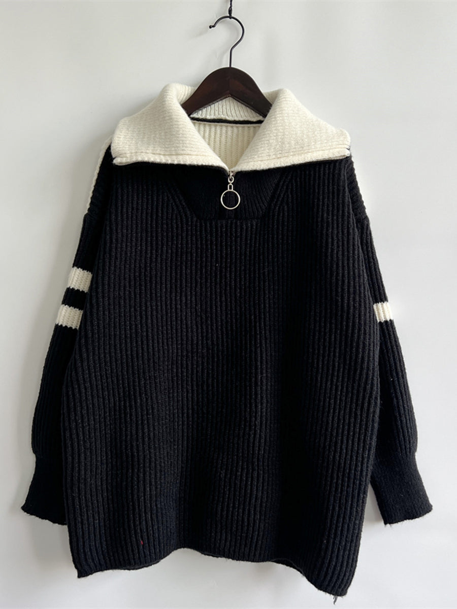 Ribbed Two-Tone Half Zip Sweater - Fashorio