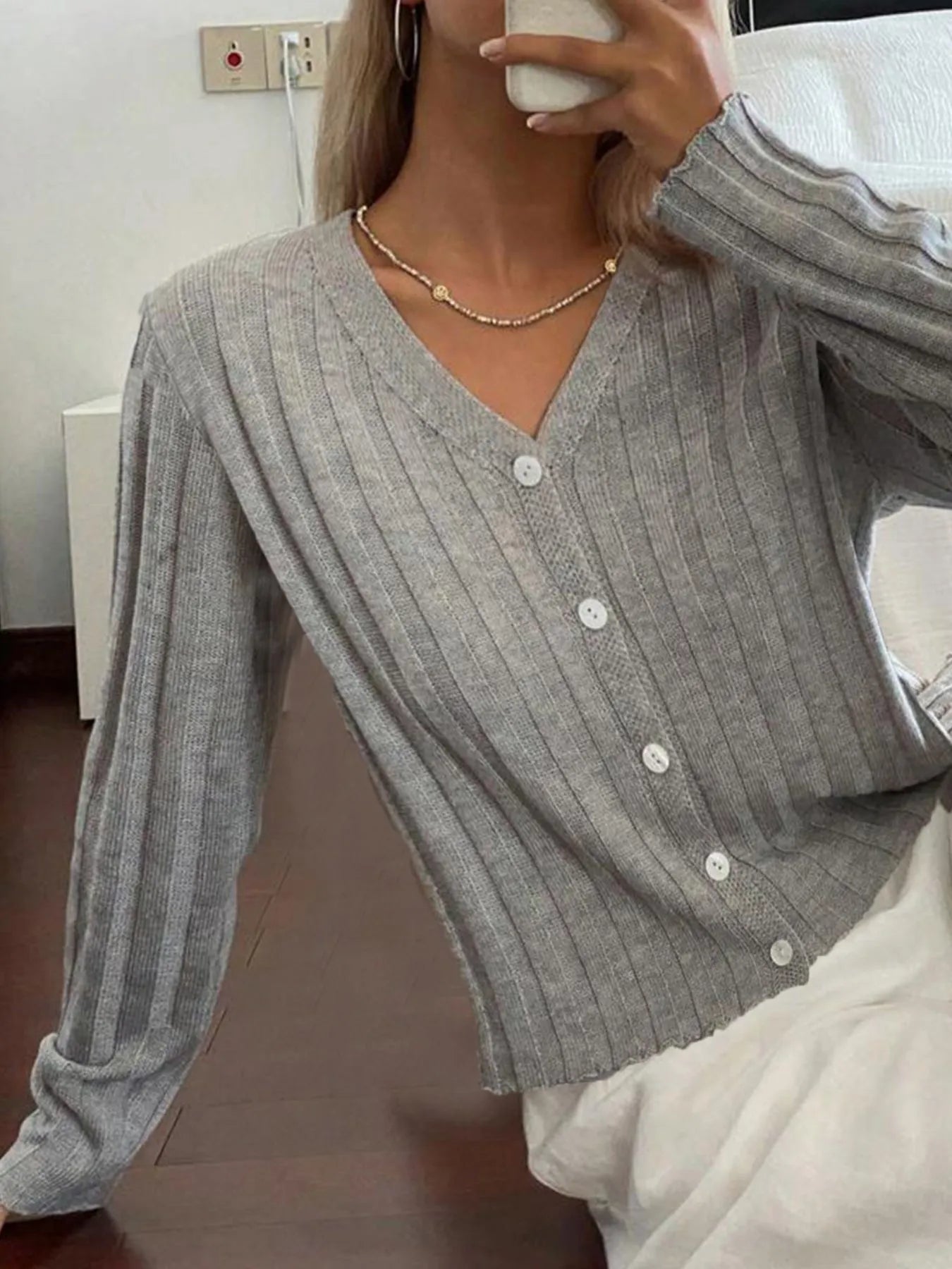 Ribbed Button-Up V-Neck Cardigan - Fashorio