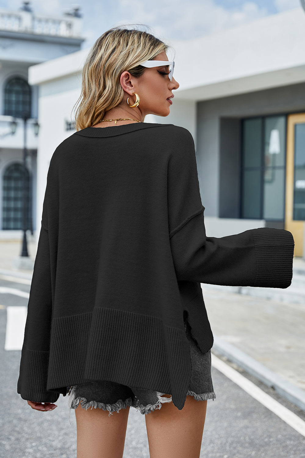 Round Neck Dropped Shoulder Slit Sweater - Fashorio